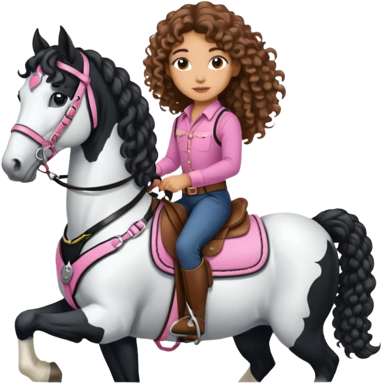Realistic mixed race girl with long curly hair, riding a big black and white draft horse, wearing pink harness and saddle  emoji