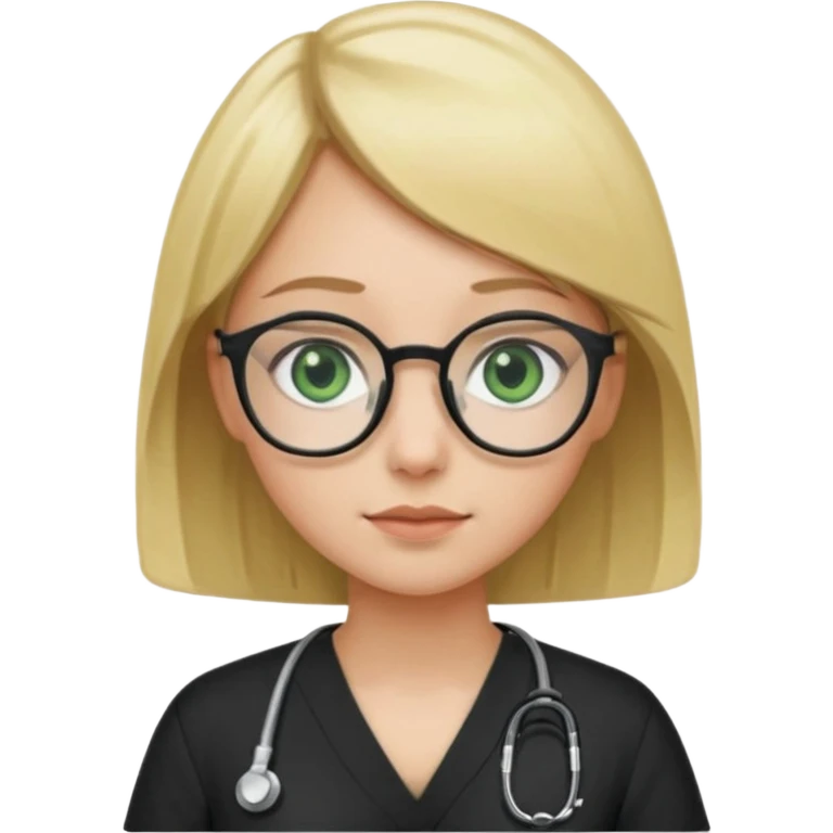 A girl in black scrubs with a blonde bob and glasses no stethoscope green eyes emoji