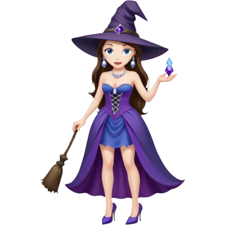 sexy woman brunette, very large breasts, pale skin, blue eyes, long brown hair, purple strapless dress, witch hat, pearl earrings, smirking, in high heels, standing, head to toe, full body, zoomed out, entire outfit visible emoji