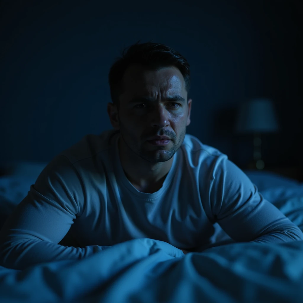 realistic hyperrealistic 4K image of a man waking up in the middle of the night, sitting on the bed with anxious and worried expression, dark room illuminated only by soft blue light, showing signs of tiredness and agitation on the face emoji