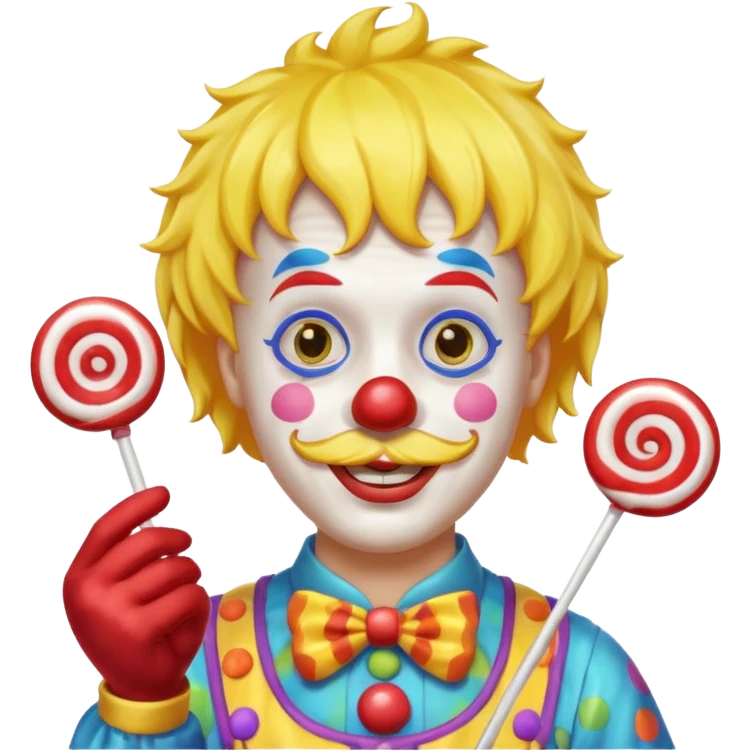 Funny clown — yellow wig, mustache, candy in hand emoji