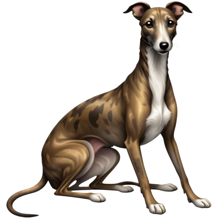 cinematic-[brindle greyhound]-realistic-full-body-sitting-emoji,-tail-resting-loosely-beside-its-paws,-head-tilted-dramatically, -sleek-[dark brindle]-fur,-simplified-yet-realistic-focused-features,-highly-detailed,-glowing-with-an-almost-sarcastic-glow emoji