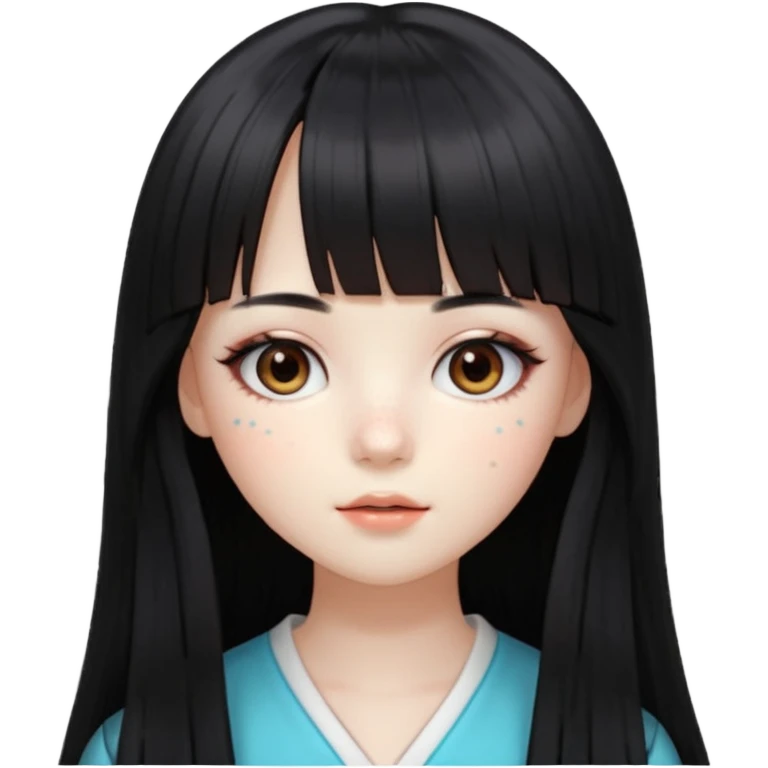 pale girl , who has silky straight extremely long black hair with bangs , chestnut monolid eyes , and doll like makeup , dressed like a kpop idol , has freckles emoji
