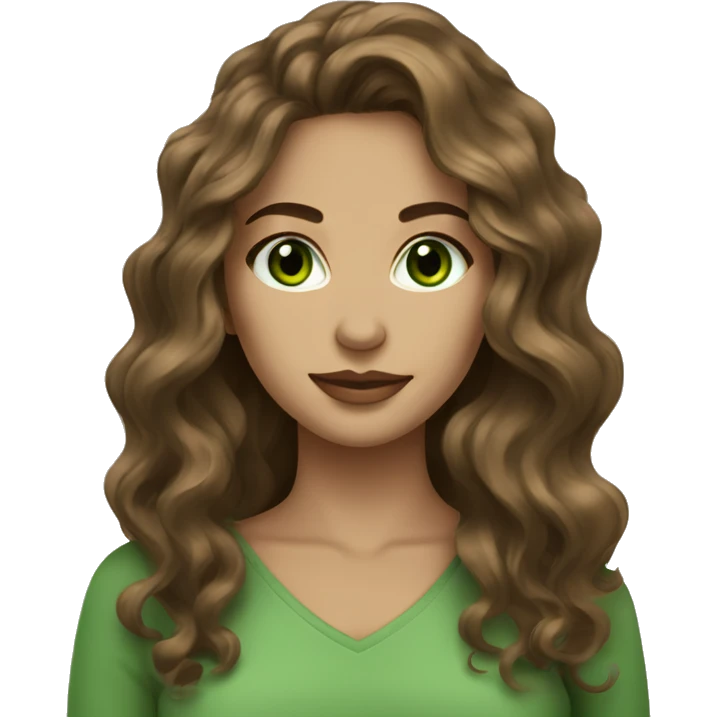 hot woman long brown wavy voluminous hair with green eyes beige skin emoji