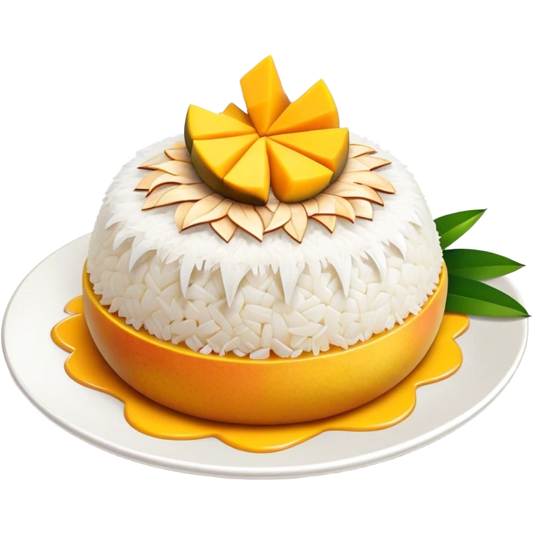 Mango Sticky Rice Cinematic Realistic Mango Sticky Rice Dessert Emoji, depicted as sticky rice drizzled with coconut milk topped with a layer of coconut cream, accompanied by sliced mango on the side of the plate, rendered with vivid textures and warm, tropical lighting. emoji