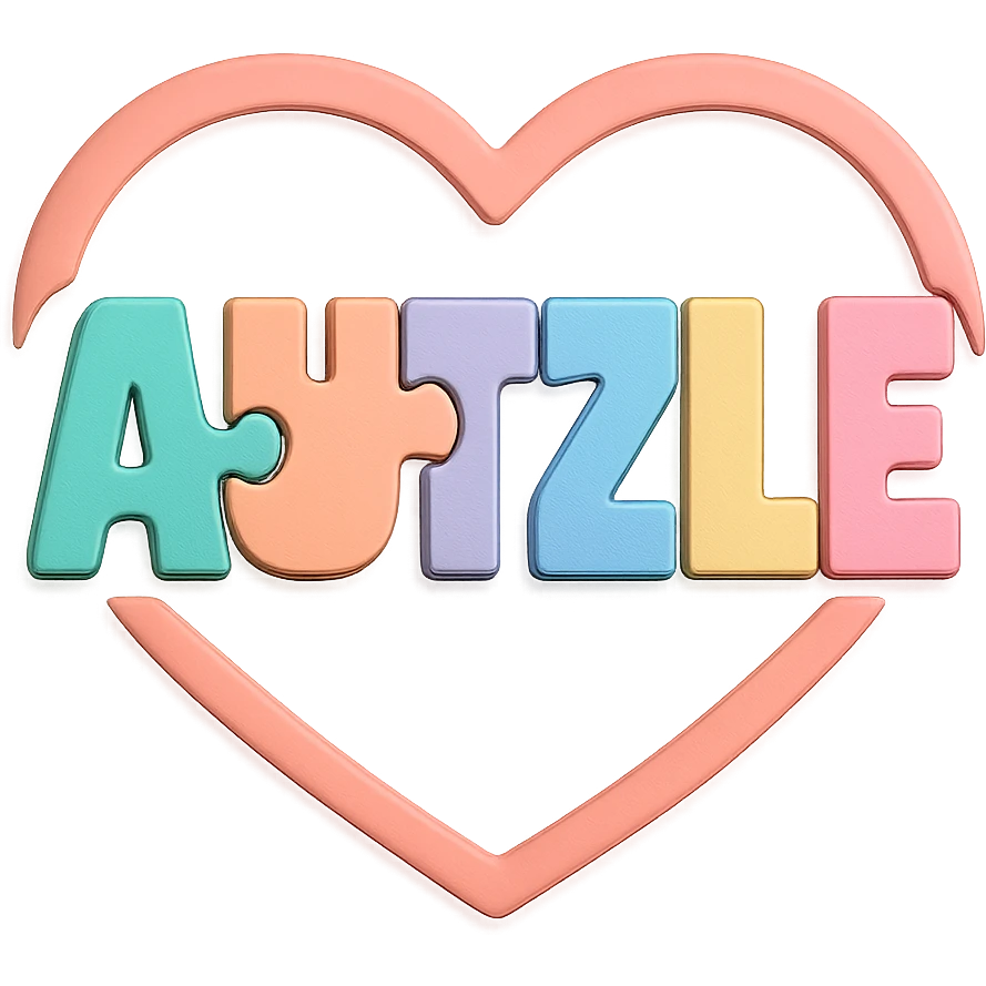 Logo spelling 'AUTZLE' with each letter shaped like a puzzle piece, using bright pastel colors mint, peach, lavender, light blue, soft yellow, pink. The entire word is encapsulated inside a smooth, modern heart shape with soft curves, symbolizing love and support for the autism community. The heart acts as a subtle frame around the puzzle-piece letters, not overpowering them. Style is clean, modern, and playful, with soft, even lighting, gentle shadows for a polished 3D effect, and a transparent or white background. emoji