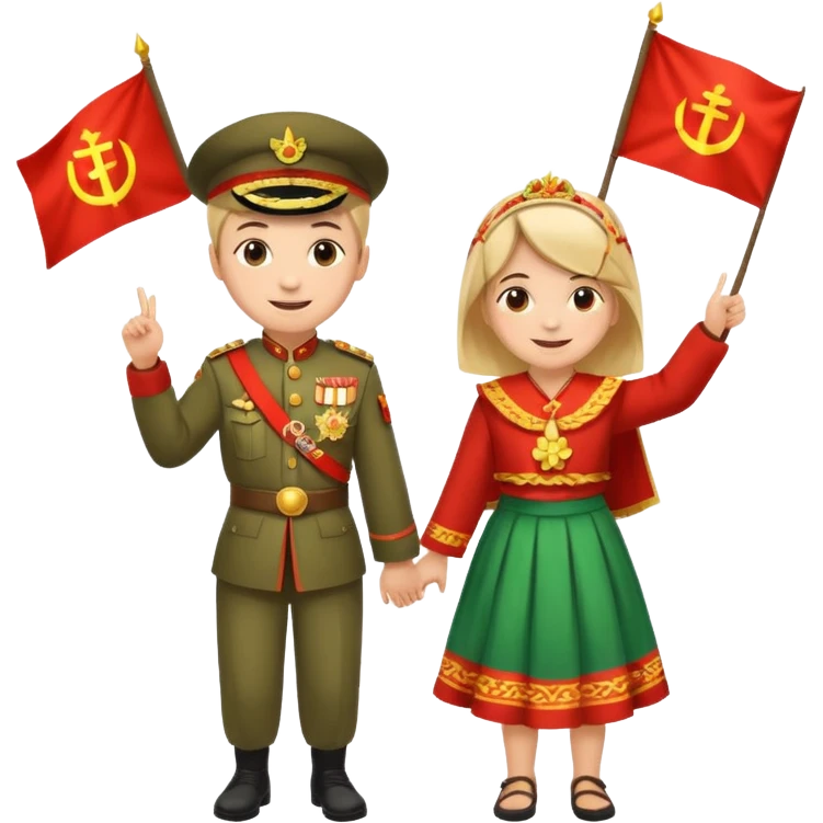 Happy Victory day। A banner is standing with a boy on one side and a girl on the other. emoji