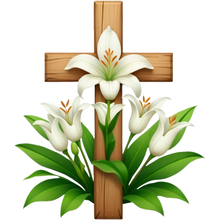 A wooden cross with white lilies around the bottom.. No lilies on the centre of the cross.  emoji