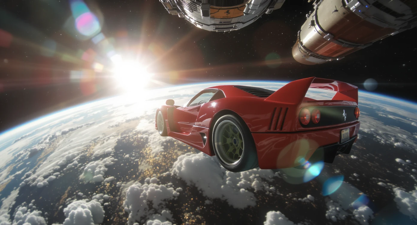 Cinematic still of a ferrari f40 floating in space, shot by space camera connect to spaceship, sun flare, big earth in background, captured by gopro hero with effect fisheye emoji