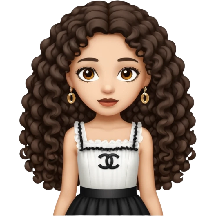 Light skin girl with dark brown very long curly hair, dark brown eyes, white Chanel dress  emoji