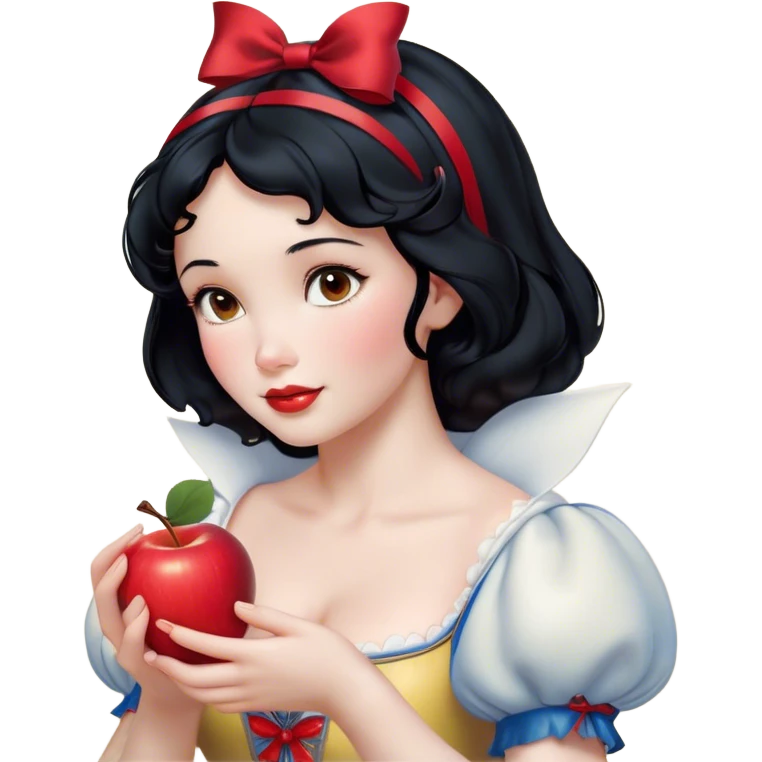 Cinematic Realistic Snow White Portrait, depicted with lifelike skin texture, soft natural lighting, and intricately detailed black hair styled with a red ribbon. Her soft brown eyes radiate innocence and kindness, complemented by a warm, gentle smile. She holds an apple in one hand, her other hand resting against her cheek, embodying her purity and charm. She is dressed in her classic yellow, blue, and red gown, the fabric rich in texture with delicate folds that catch the light beautifully. The portrait features a soft, natural glow with a radiant finish, capturing the essence of timeless beauty in a realistic and painterly style. emoji