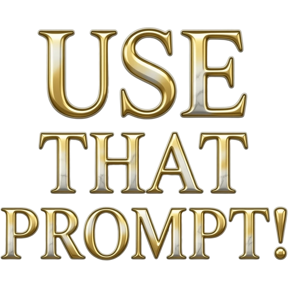 A luxurious uppercase text 'USE THAT PROMPT!' crafted from polished white Carrara marble with deep veins of more glowing liquid gold flowing through it. High-end jewelry aesthetic, soft studio lighting, elegant and Luxurious Marble Letter. emoji