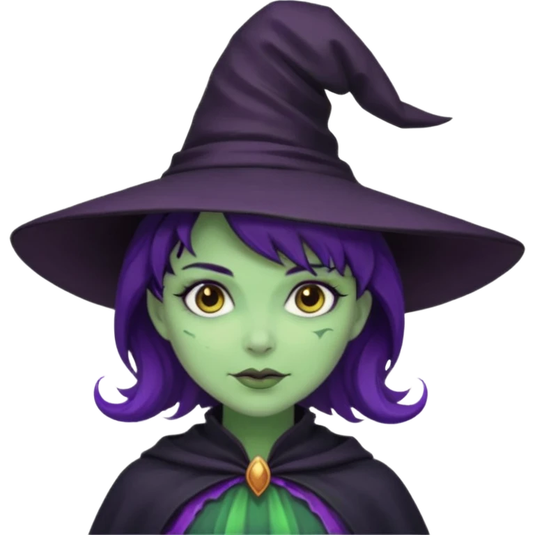 Halloween witch with purple witch hat and black short wavy witch hair
, green skin. emoji
