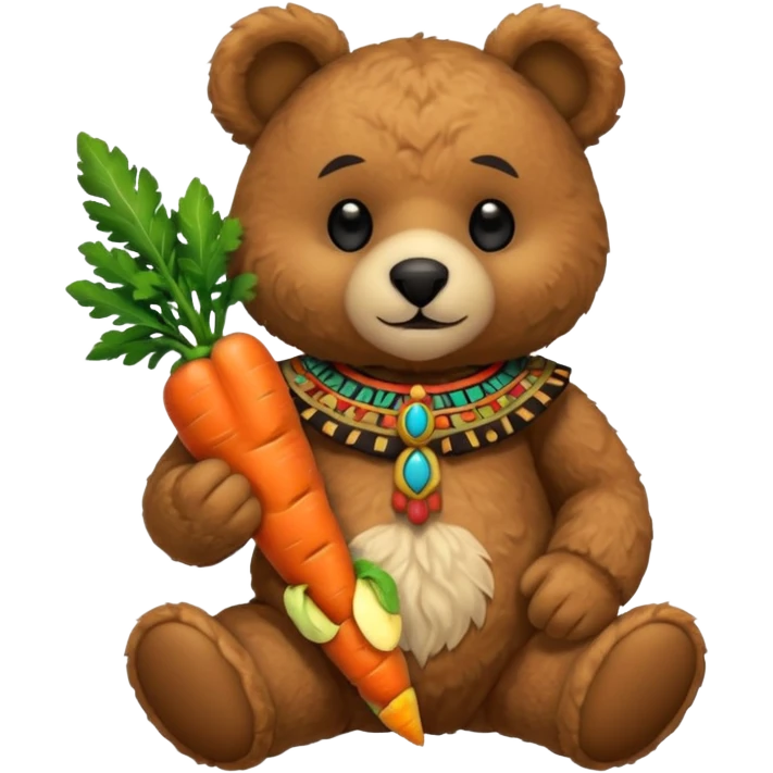 teddy bear Upper eat carrot , wearing black mayan ancient custome, half body emoji