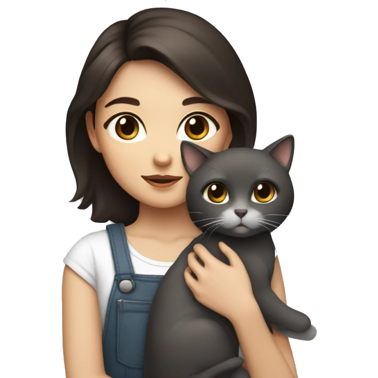 A girl with brown eyes and dark brown hair holding a white and dark grey cat  emoji