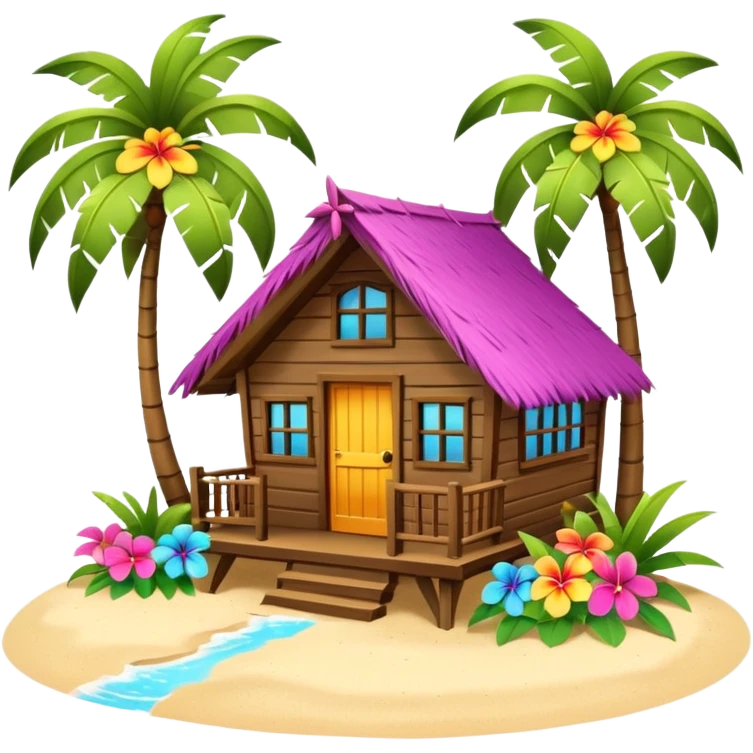 Hawaiian beach house, small tropical house, wooden walls, thatched roof, colorful flowers, palm trees, cute mobile game icon, 3D cartoon, bright colors, soft shadows, clean background, no text, no watermark emoji