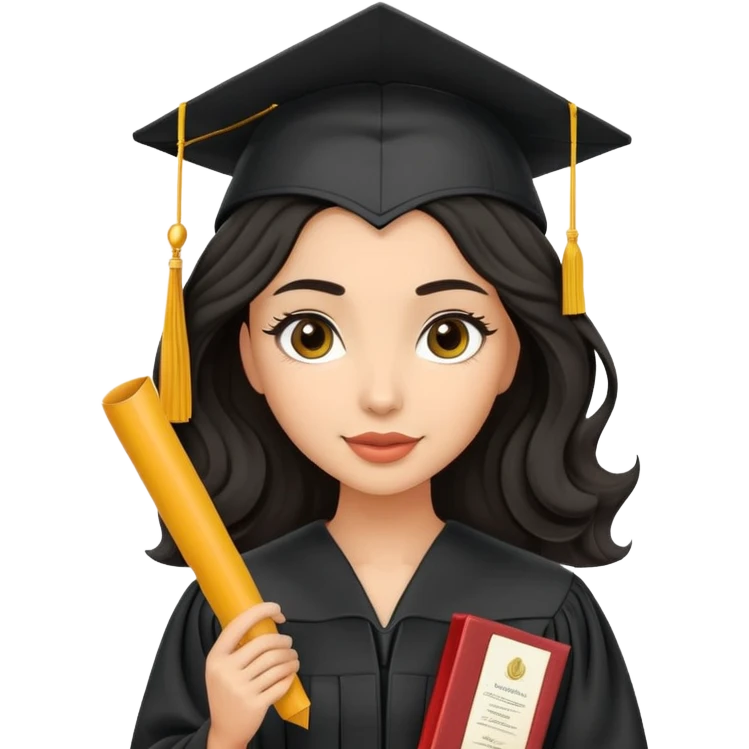beautiful olive-skinned woman with wavy black hair wearing graduation cap and gown, holding diploma emoji