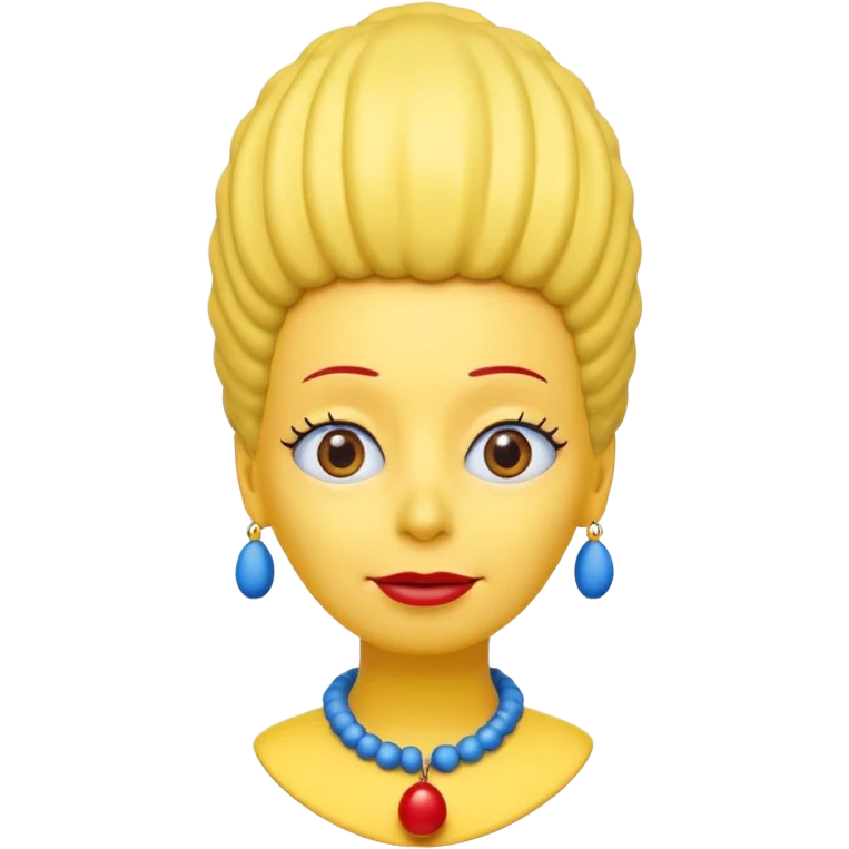 3D emoji head-only, smooth plastic, soft studio light, big round eyes, bold outline, centered, transparent bg,
Marge Simpson, yellow skin, tall cylindrical blue beehive hair, red bead necklace, overbite, no earrings, no eyelashes, no blonde hair emoji