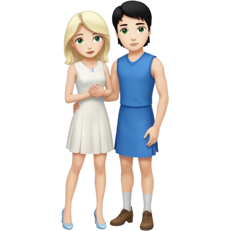 prince, standing upright, black Hair, blue eyes, garment,  woman, bending knee, sleveless white dress, blonde hair, green eyes, emoji