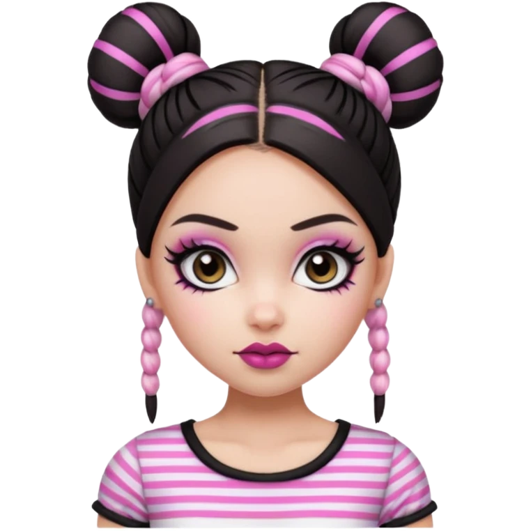 generate a pretty fair bratz girl with dark brown eyes. Dark brown hair straight hair with pink highlights tied into buns.  eyeliner. black lipstick. Black and white striped top.  emoji