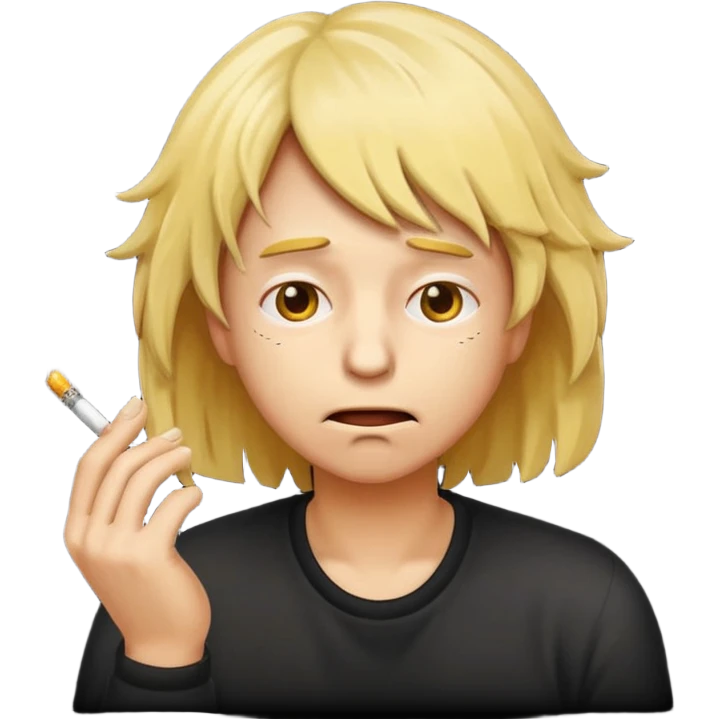 stressed classic yellow emoji looking down shaking head wearing a disheveled wig with a cigarette in hand emoji