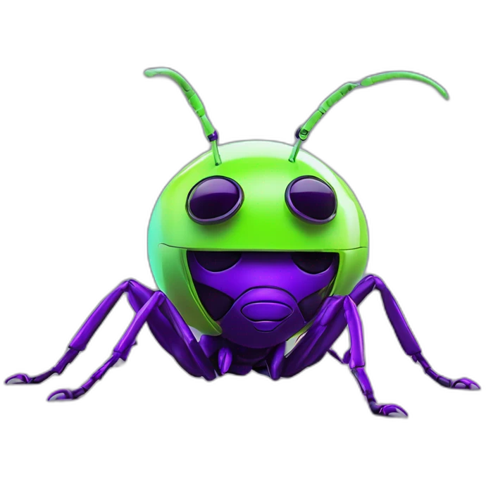 Ants 3D color lemon green and purple neon streetwear cybertech smart Futuristic cyber AR/VR point from him up doing a moonwalker emoji