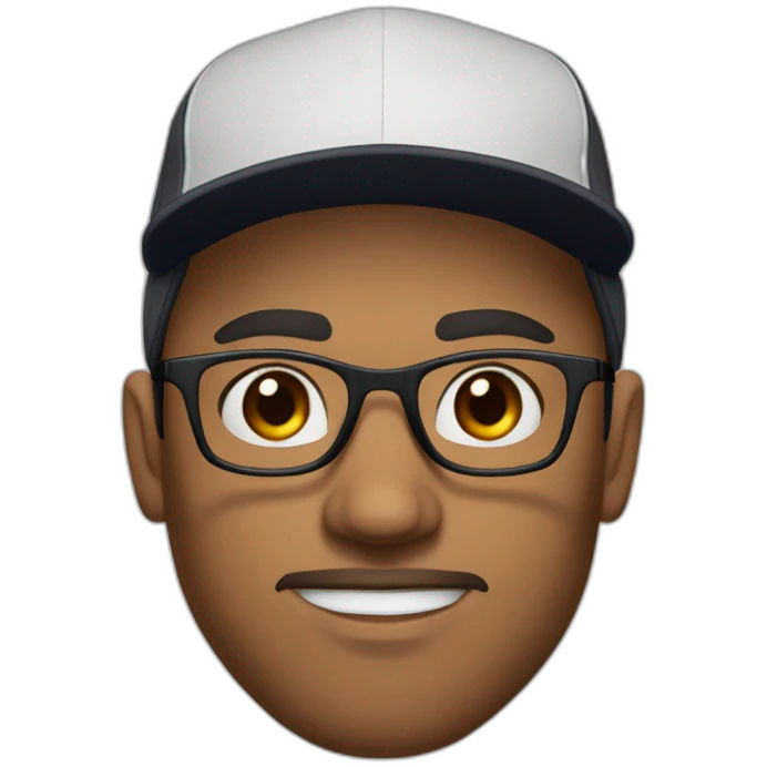Young man, with brown hair and brown beard, thick eyebrows and black sight glasses. Big nose. Half closed brown eyes. Wearing a Nike cap emoji