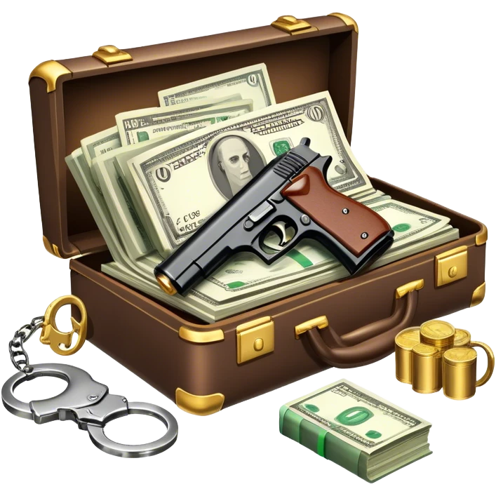 Icon for Action & Crime Reading: an open book, action-packed scenes, featuring a gun, handcuffs, a detective's badge and a briefcase with money. The icon should capture the tension and excitement of crime and action stories. Transparent background. emoji