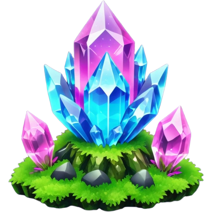 Crystal growing from moss with neon aura emoji