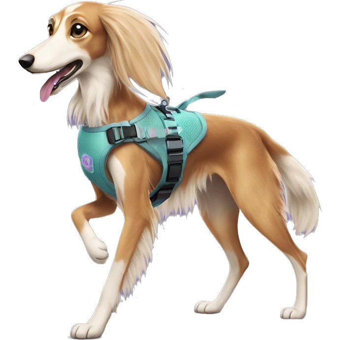 Fluffy dog saluki with tattoos and holographic harness running emoji