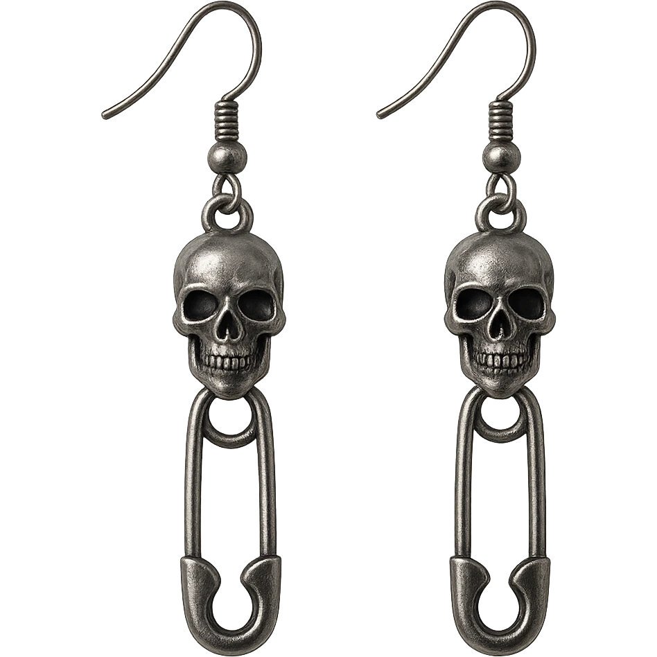 goth earrings with safety pin, punk gothic, metallic silver emoji