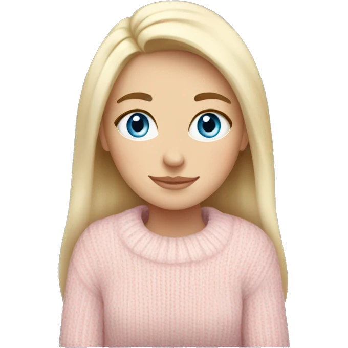 Pretty blue eyed white girl with light pink sweater reading cozy emoji