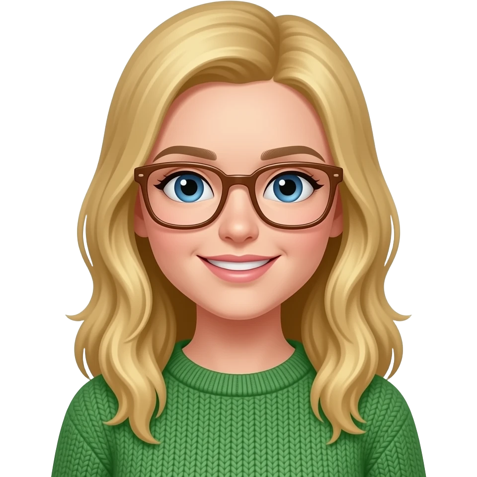 Blond Hair girl with squared light brown glasses, blue eyes. White skin and green pullovers. emoji