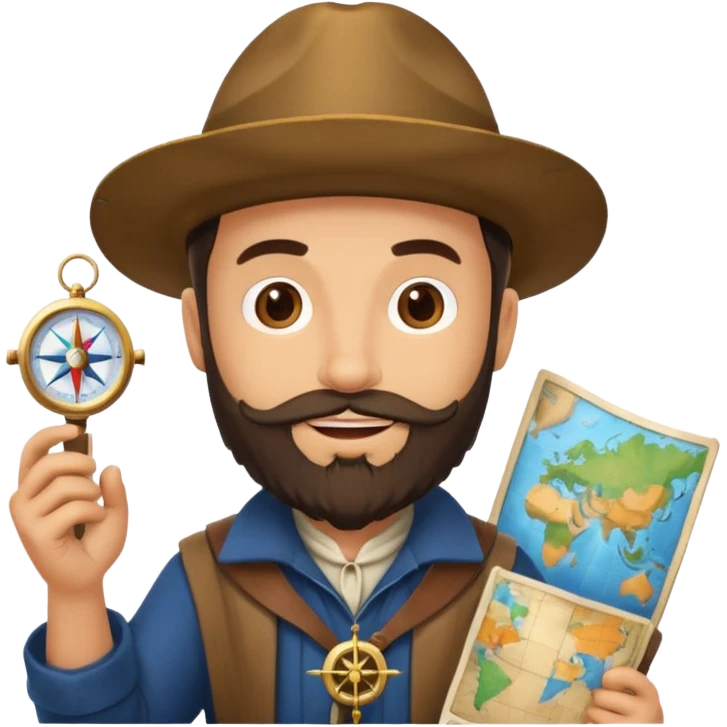 Magellan with a beard, holding a map and a compass, dressed in historical explorer attire, cheerful emoji style emoji