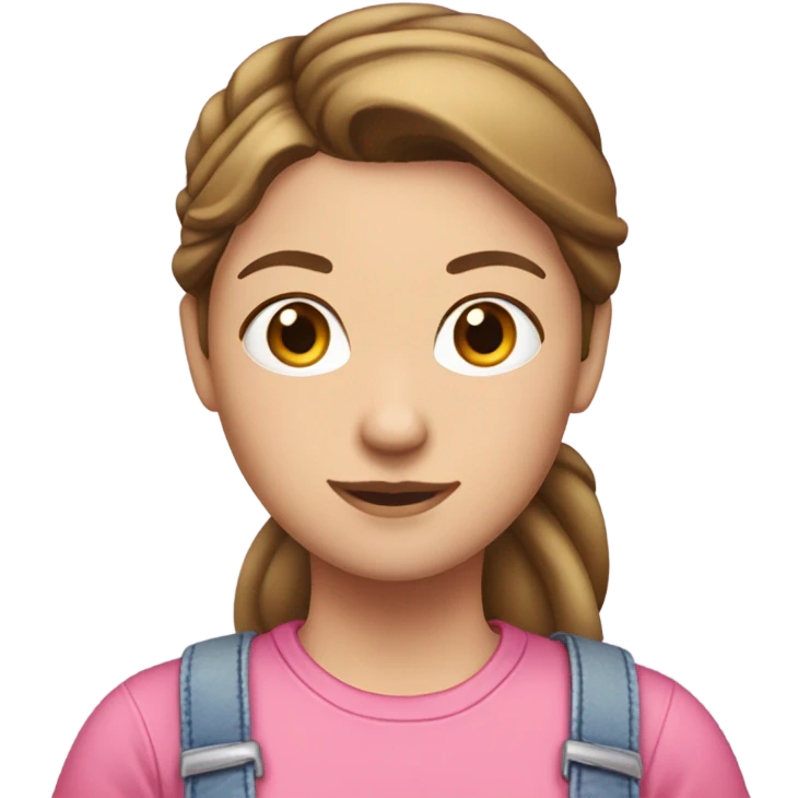 A white woman with brown hair in pony tail wearing pink headband, pink t shirt and overalls  emoji