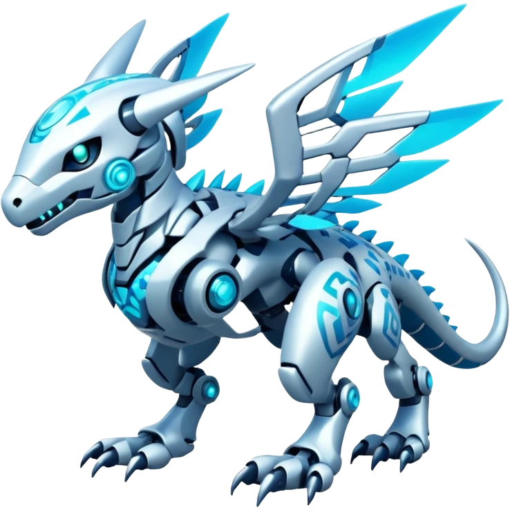 Futuristic mechanical modern badass cool shiny white with glowing cyan-blue animal Digimon Fakémon hybrid full body with intricate patterns emoji
