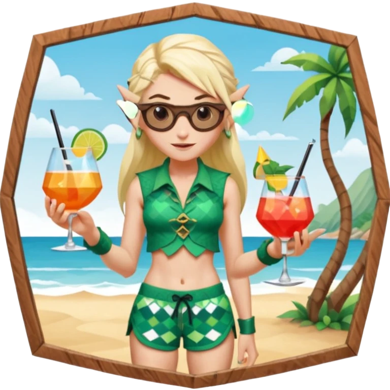 elf female legolas portrait, patterned board shorts (geometric/abstract), unique wooden-framed sunglasses, undercut hairstyle, slight smirk, visible pointy ears, no background, centered emoji, hipster summer vibe coctails  emoji