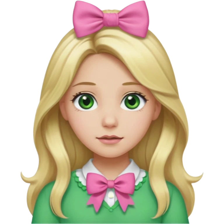 blonde girl long hair middle part, green eyes, pink bow and scrunchie emoji