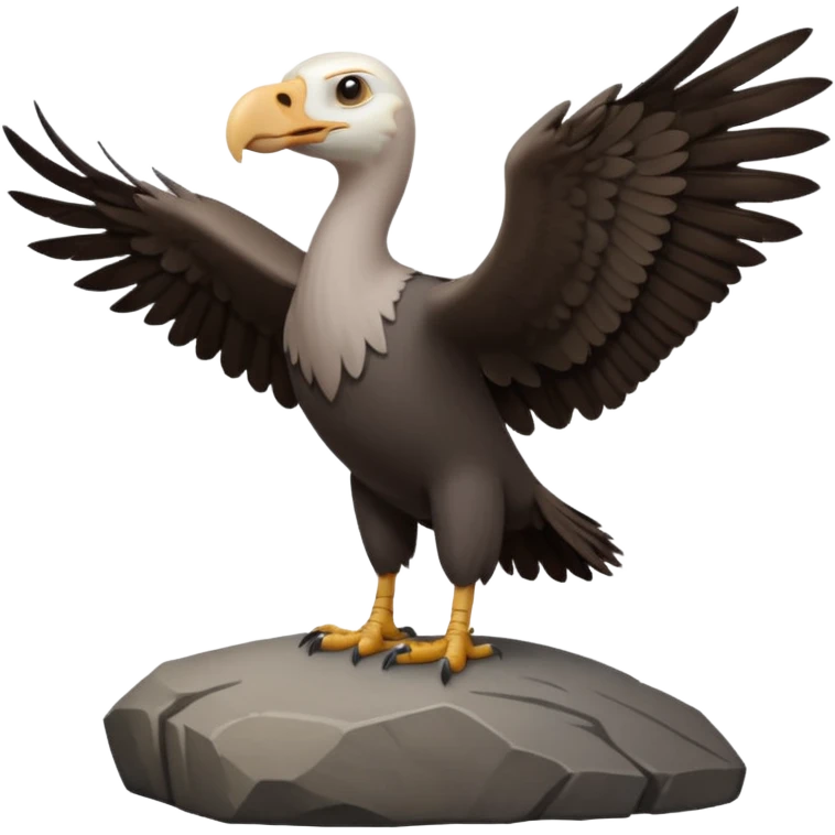 a vulture — large bird with dark brown feathers, bald WHİTE head, curved beak and sharp eyes — standing proudly on a rock — wings slightly open — realistic yet cute cartoon emoji look, clean lighting, soft shadows. emoji