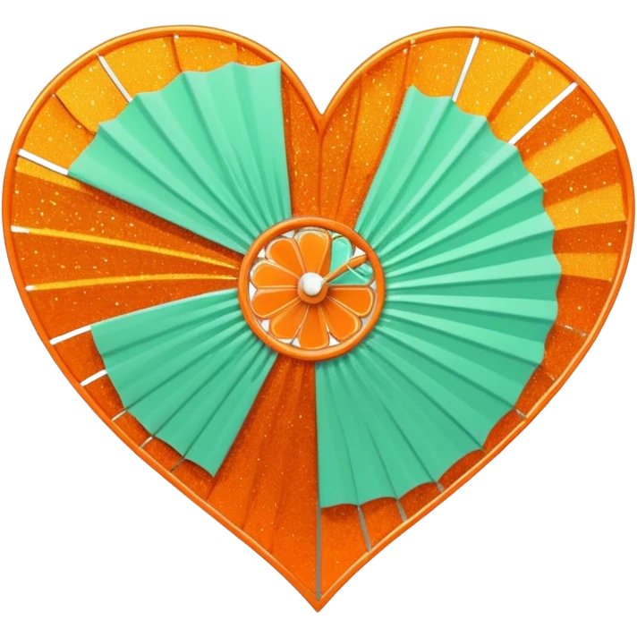 orange glittery heart, chopped  in pieces like shattered glass edges  with a couple mint green art deco fans  emoji