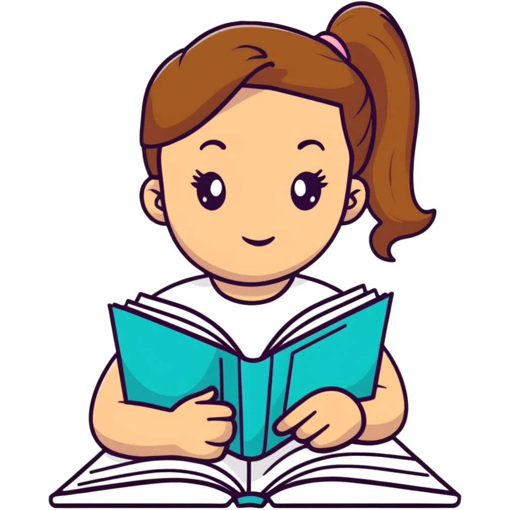 Cute girl with ponytail reading from an open notebook emoji