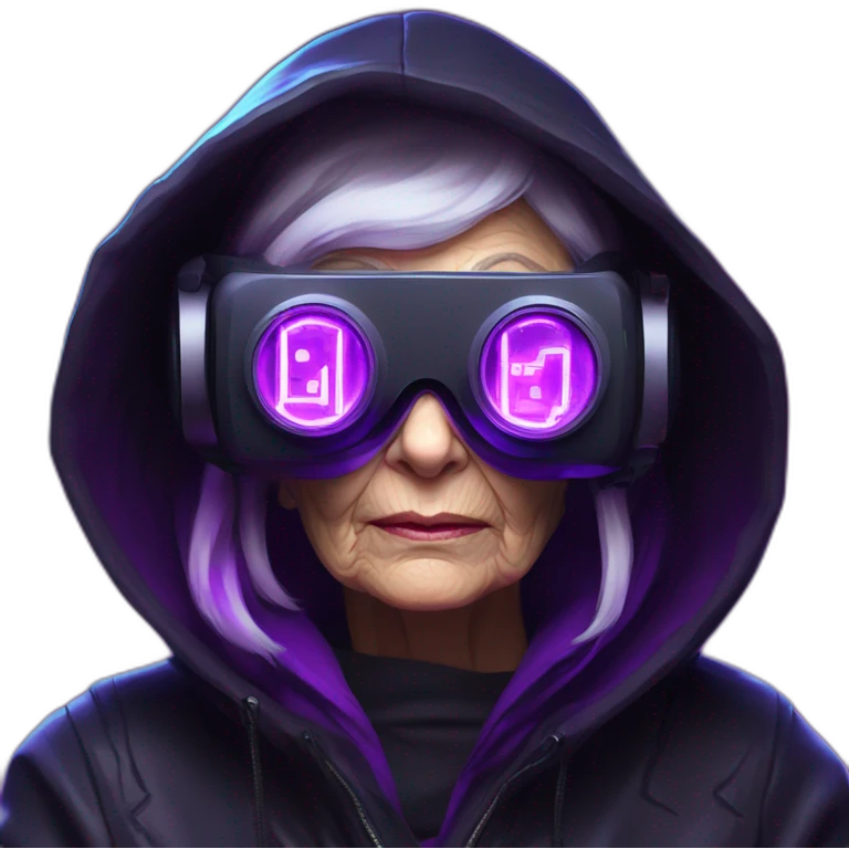 Russian old woman wearing a black hoodie with "OMG" letters on it and VR headset in a cyberpunk VR environment with violet neon lighting. emoji