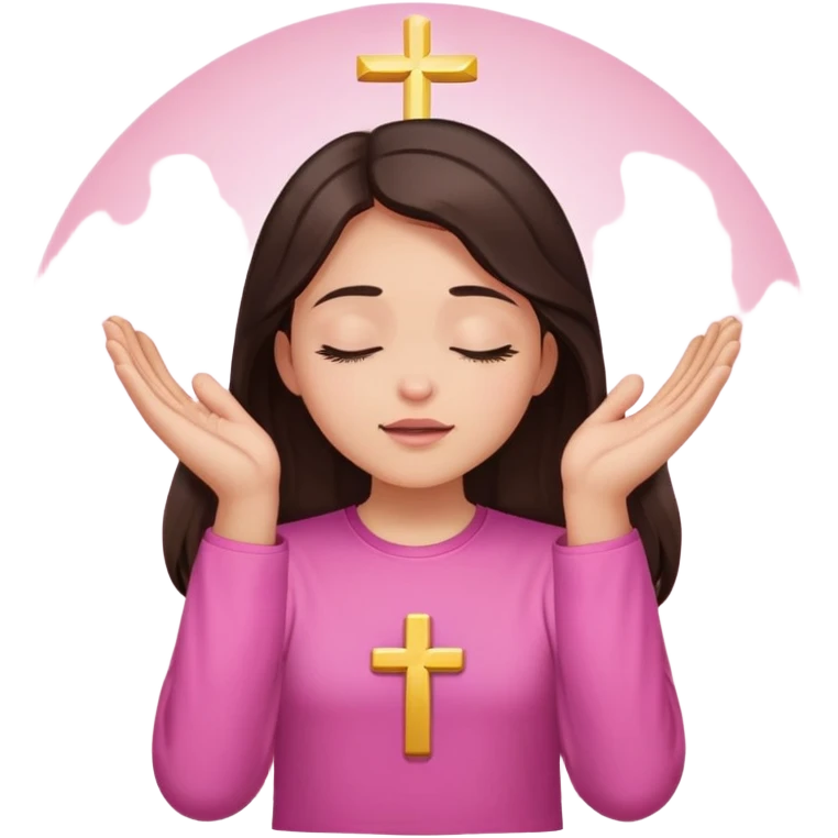 Girl long dark brown hair light medium skin worship God hands lifted eyes closed  pink shirt no cross emoji