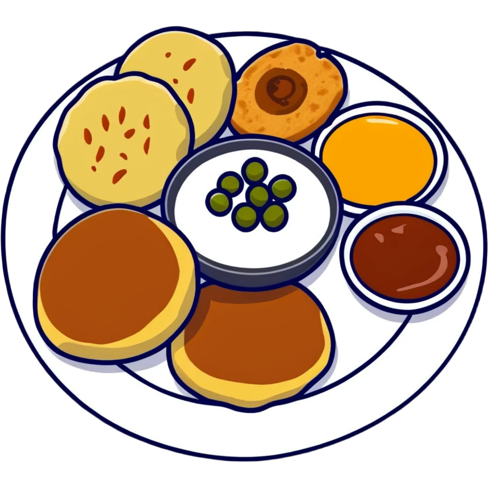 Small plate of Aloo Tikki Chaat with chickpeas, potato patties, yogurt and tamarind chutney emoji