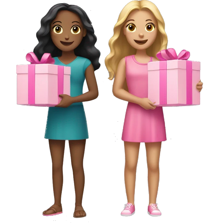 Two tan girls holding a pink boxes emoji
