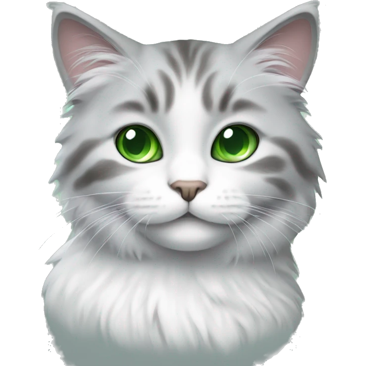 fluffy gray and white cat with green eyes emoji