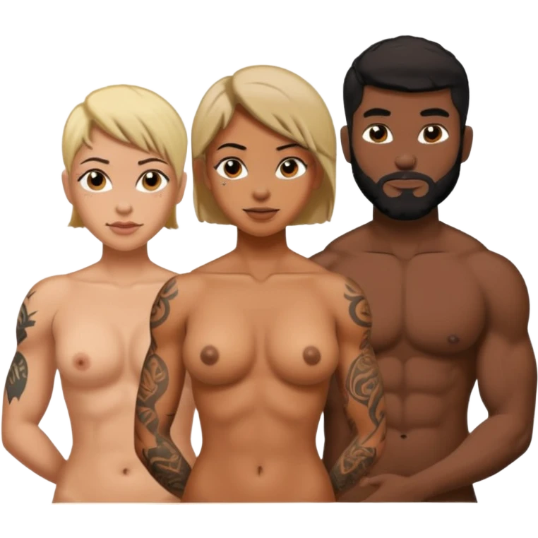 naked tattoed female, 2 black males emoji