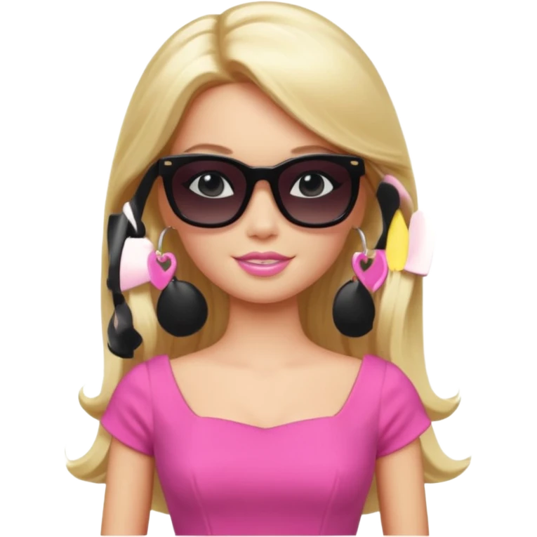 barbie with long blonde hair wear black sun glasses, pink dress emoji