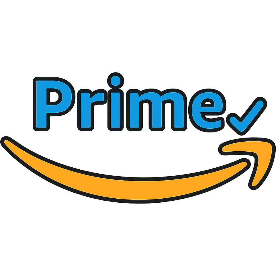 Add an Amazon Prime element such as a blue checkmark or 'Prime' swoosh to the Amazon smile arrow icon. Keep the style bold and recognizable with no background. emoji