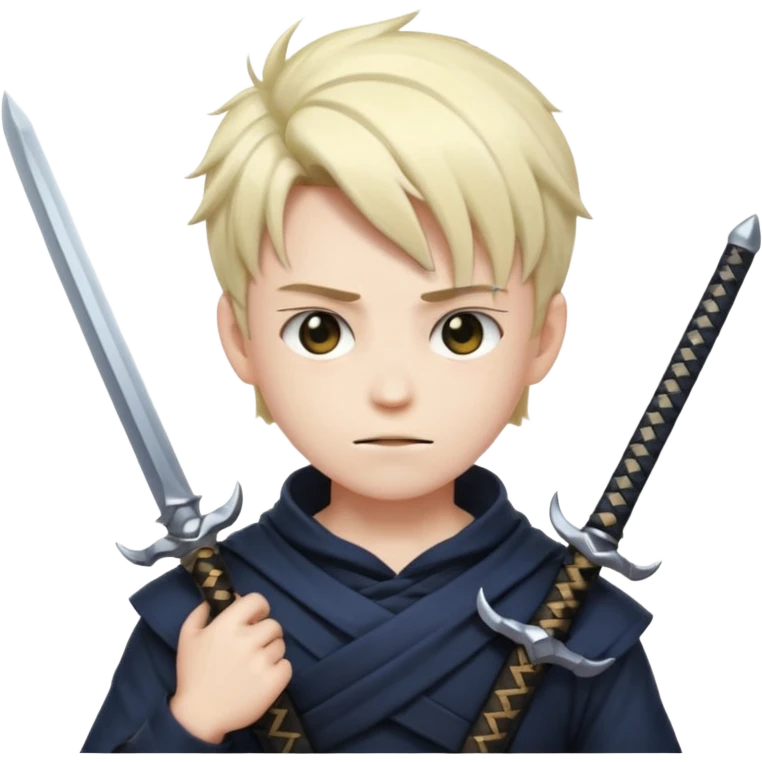 Way cooler with aura very aura and shadow on his face and adult face body Create me an anime character boy emoji looking very cool with swords on his hand emoji